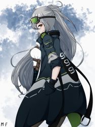 Rule 34 | 1girl, aek-999 (girls&#039; frontline), black jacket, breasts, brown eyes, cloud, cloudy sky, cowboy shot, day, girls&#039; frontline, gloves, goggles, goggles on head, grey hair, hair between eyes, headphones, headphones around neck, high ponytail, highres, jacket, long hair, looking at viewer, looking back, manggapaegtoli, medium breasts, open clothes, open jacket, outdoors, pantyhose, plaid, plaid skirt, ponytail, shirt, skirt, sky, smile, solo, standing, white shirt