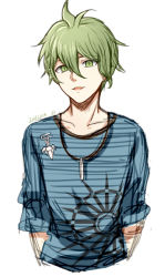 Rule 34 | 1boy, ahoge, amami rantaro, antenna hair, collarbone, commentary request, cropped torso, danganronpa (series), danganronpa v3: killing harmony, dated, green eyes, green hair, hair between eyes, jewelry, looking at viewer, male focus, meipoi, necklace, open mouth, shirt, short hair, simple background, smile, solo, striped clothes, striped shirt, upper body