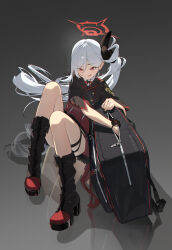Rule 34 | 1girl, :q, absurdres, black bag, black footwear, black shirt, blue archive, chinese commentary, commentary request, cropped shirt, full body, gradient background, grey background, grey hair, halo, hckc8750, highres, long hair, looking at viewer, mutsuki (blue archive), pink eyes, red halo, shirt, side ponytail, sitting, smile, solo, tongue, tongue out, twitter username