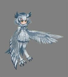 Rule 34 | 1girl, animal feet, bird legs, bird tail, coat, commentary request, feathered wings, feathers, grey background, harpy, head wings, kemono friends, match314, monster girl, monsterification, northern white-faced owl (kemono friends), short hair, simple background, solo, tail, talons, white feathers, white hair, white wings, winged arms, wings
