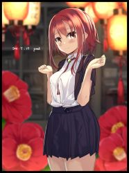 Rule 34 | 10s, 1girl, 2016, black border, black jacket, black skirt, blurry, blush, bolo tie, border, breasts, brown eyes, brown hair, camellia, collared shirt, cowboy shot, cropped jacket, dated, depth of field, flower, garnet, head tilt, highres, jacket, lantern, looking at viewer, miniskirt, open clothes, open jacket, original, paper lantern, pleated skirt, red hair, shirt, short hair, short sleeves, signature, skirt, smile, solo, tassel, w arms, white shirt, wrists extended