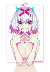 Rule 34 | 1girl, ahoge, breasts, breasts squeezed together, commentary request, covering nipples, covering privates, fingernails, grey hair, grin, hands up, hong (white spider), horns, large breasts, long fingernails, looking at viewer, multicolored nails, nail polish, patreon username, red eyes, sharp teeth, short hair, smile, solo, teeth, upper body, wide-eyed