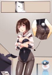 Rule 34 | 10s, 1boy, 1girl, adapted costume, admiral (kancolle), alternate costume, animal ears, ass, black pantyhose, blush, bob cut, bow, bowtie, breasts, brown eyes, brown hair, cleavage, crossed arms, detached collar, fake animal ears, fishnet pantyhose, fishnets, hiememiko, hyuuga (kancolle), kantai collection, large breasts, leotard, open mouth, pantyhose, peeking, personification, playboy bunny, rabbit ears, rabbit tail, short hair, sweatdrop, tail, walk-in, wrist cuffs