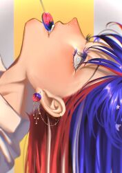 Rule 34 | 1girl, aupt31, blue hair, candy, colored eyelashes, earrings, eyelashes, food, from side, grey eyes, highres, jewelry, kantai collection, lips, lollipop, long hair, makeup, multicolored hair, parted lips, portrait, profile, red hair, simple background, solo, south dakota (kancolle), sparkle, star (symbol), white hair