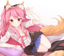 Rule 34 | 10s, 1girl, animal ear fluff, animal ears, black legwear, blush, breasts, cleavage, clothes around waist, collarbone, fate/extella, fate/extra, fate/grand order, fate (series), fox ears, fox tail, highres, jacket, jacket around waist, kayo (skc08049), long hair, looking at viewer, lying, medium breasts, official alternate costume, on side, pink hair, school uniform, shirt, skirt, smile, solo, tail, tamamo (fate), tamamo no mae (jk) (fate), twintails, unbuttoned, yellow eyes