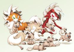 Rule 34 | animal, animal focus, blue eyes, claws, creatures (company), closed eyes, fangs, full body, game freak, gen 7 pokemon, green background, green eyes, holding, holding animal, holding person, kemonomichi (blue black), licking, licking another&#039;s head, lycanroc, lycanroc (midday), lycanroc (midnight), lying, lying on another, nintendo, no humans, on side, on stomach, open mouth, pokemon, pokemon (creature), red eyes, ringed eyes, rockruff, sitting, standing, sweatdrop