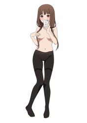 Rule 34 | 1girl, absurdres, areola slip, black pantyhose, blush, breasts, brown eyes, brown hair, cellphone, coro fae, covering privates, covering breasts, embarrassed, frown, full body, highres, holding, holding phone, iino miko, kaguya-sama wa kokurasetai ~tensai-tachi no renai zunousen~, long hair, looking at viewer, medium breasts, navel, pantyhose, phone, simple background, smartphone, solo, standing, topless, white background