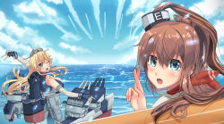 Rule 34 | 10s, 2girls, aircraft, airplane, bad id, bad pixiv id, blonde hair, blue eyes, blue sky, breasts, brown hair, cannon, cloud, crossed fingers, day, elbow gloves, gloves, headgear, horizon, iowa (kancolle), kantai collection, large breasts, looking at viewer, looking back, machinery, miniskirt, multiple girls, neckerchief, ocean, osananajimi neko, ponytail, saratoga (kancolle), skirt, sky, star-shaped pupils, star (symbol), striped clothes, striped skirt, symbol-shaped pupils