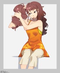 Rule 34 | 1girl, absurdres, armpit crease, bare shoulders, brown eyes, brown hair, commission, dress, feet out of frame, hair tie in mouth, highres, jewelry, kujikawa rise, l4wless, long hair, mouth hold, necklace, orange dress, pants, persona, persona 4, sitting, sleeveless, sleeveless dress, solo, twitter username, tying hair