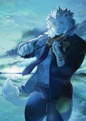 Rule 34 | 1boy, absurdres, belt, black pants, black suit, blue theme, earclip, formal, furry, furry male, green eyes, highres, instrument, lion, looking at viewer, male focus, monocle, music, pants, playing instrument, smile, snow (housamo), solo, standing, suit, thank you, thighs, tokyo houkago summoners, torakku (toratruck9), violin, white hair
