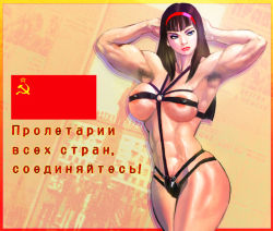 Rule 34 | 1girl, abs, areola slip, armpit hair, armpits, arms behind head, arms up, black hair, blue eyes, border, breasts, brown hair, cowboy shot, female focus, hair ornament, hairband, hammer and sickle, hands on own head, large breasts, lips, lipstick, long hair, makeup, muscular, red lips, revealing clothes, russian text, shiny skin, skindentation, solo, soviet, soviet flag, standing, star (symbol), sweat, text focus, toned, translated, ukatsu juuzou, ussr