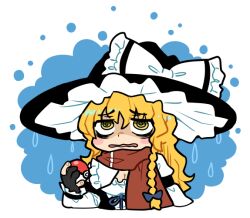 Rule 34 | 1girl, bags under eyes, black hat, blue bow, blush, bow, braid, breasts, bseibutsu, cleavage, commentary request, cookie (touhou), creatures (company), game freak, hair between eyes, hat, hat bow, holding, holding poke ball, kirisame marisa, long hair, mars (cookie), medium bangs, messy hair, nintendo, open mouth, poke ball, pokemon, rain, red scarf, ringed eyes, scarf, shirt, side braid, single braid, solo, touhou, upper body, wavy mouth, white background, white bow, white shirt, witch hat, yellow eyes