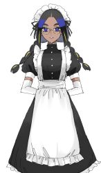 Rule 34 | 1girl, alternate costume, apron, arms behind back, black dress, black hair, blue eyes, braid, buttons, commentary request, creatures (company), dress, elbow gloves, enmaided, game freak, geeta (pokemon), glasses, gloves, highres, long hair, looking at viewer, lvetica, maid, maid headdress, nintendo, parted lips, pokemon, pokemon sv, round eyewear, short sleeves, simple background, smile, solo, twin braids, twintails, white apron, white background, white gloves