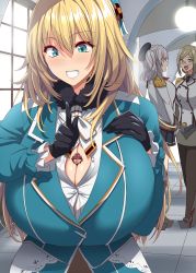 Rule 34 | 1boy, 3girls, alternate breast size, atago (kancolle), between breasts, blonde hair, breasts, giant, giantess, highres, huge breasts, kantai collection, kloah, mini person, miniboy, multiple girls, person between breasts
