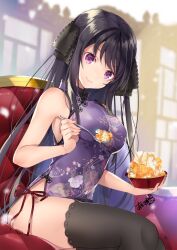 Rule 34 | 1girl, akatsuki hijiri, alternate costume, ao no kanata no four rhythm, bare arms, black hair, black ribbon, black thighhighs, blurry, blurry background, bowl, breasts, china dress, chinese clothes, closed mouth, commentary, commission, couch, cowboy shot, curvy, dress, eyelashes, floral print, food, frilled ribbon, frills, hair between eyes, hair ribbon, hand up, highres, hip vent, holding, holding bowl, incoming food, indoors, large breasts, lips, long hair, looking at viewer, on couch, panties, purple dress, purple eyes, red ribbon, ribbon, shaved ice, side-tie panties, signature, sitting, skeb commission, sleeveless, sleeveless dress, smile, solo, straight hair, thighhighs, thighs, tobisawa misaki, underwear, very long hair