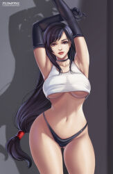 Rule 34 | 1girl, black hair, breasts, brown eyes, female focus, final fantasy, final fantasy vii, flowerxl, gloves, hair ornament, jewelry, large breasts, long hair, looking at viewer, necklace, no pants, panties, shirt, solo, standing, thick thighs, thighs, tifa lockhart, underboob, underwear, watermark, white shirt