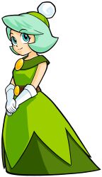 Rule 34 | 1girl, absurdres, blue eyes, dress, gloves, green dress, green hair, green hat, hat, highres, medium hair, nintendo, official art, queen merelda, smile, third-party source, v arms, wario land, wario land: shake it!, white gloves