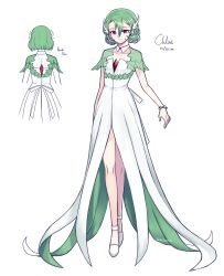Rule 34 | 1girl, artist name, bracelet, character name, closed mouth, collarbone, creatures (company), crystal, dress, english text, female focus, flat chest, full body, game freak, gardevoir, gen 3 pokemon, green (wintergreen), green hair, hair between eyes, hair ornament, happy, height, highres, humanization, jewelry, looking at viewer, multiple views, nintendo, pokemon, red eyes, see-through, shoes, short hair, simple background, smile, standing, twitter username, white background, white dress, white footwear