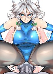 Rule 34 | 1boy, 1girl, bare shoulders, blue eyes, blue gloves, blue leotard, braid, breasts, cameltoe, commentary request, covered erect nipples, elbow gloves, face in ass, face in crotch, faceless, faceless male, girl on top, gloves, hair ribbon, highres, izayoi sakuya, large breasts, leotard, lips, maid headdress, pantyhose, ribbon, short hair, sideboob, silver hair, sitting, sitting on face, sitting on person, smile, solo focus, spread legs, sweatdrop, tajima yuuki, taut clothes, thighband pantyhose, thighs, touhou, twin braids, view between legs