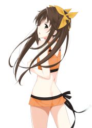 Rule 34 | 10s, 1girl, :o, ass, back, bad id, bad pixiv id, bare back, bare shoulders, bikini, bikini shorts, black hair, blush, brown hair, butt crack, embarrassed, fang, flat chest, from behind, green eyes, hair ribbon, huang lingyin, infinite stratos, long hair, looking back, open mouth, profile, ribbon, shorts, side-tie bikini bottom, simple background, soburi, solo, standing, surprised, swimsuit, tankini, twintails