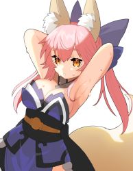 Rule 34 | 1girl, :o, animal ear fluff, animal ears, armpits, arms up, blue bow, blue kimono, bow, breasts, cleavage, collar, commentary request, cowboy shot, detached collar, fate/extra, fate (series), fox ears, fox girl, fox tail, hair between eyes, hair bow, japanese clothes, kimono, large breasts, long hair, looking at viewer, obi, pelvic curtain, pink hair, sash, sidelocks, simple background, sleeveless, slit pupils, solo, split ponytail, sweat, tail, tamamo (fate), tamamo no mae (fate/extra), tsukimi okayu, white background, white collar, yellow eyes