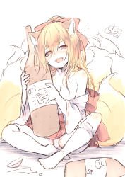 Rule 34 | 1girl, :d, animal ear fluff, animal ears, blonde hair, blush, bottle, bow, breasts, chita (ketchup), cleavage, commentary request, fangs, fox ears, fox girl, fox tail, hair between eyes, hair bow, hakama, hakama short skirt, hakama skirt, highres, holding, holding bottle, japanese clothes, kimono, kitsune, kyuubi, long hair, long sleeves, looking at viewer, medium breasts, mole, mole on thigh, multiple tails, no shoes, nose blush, off shoulder, open mouth, original, oversized object, panties, ponytail, red bow, red eyes, red hakama, ribbon-trimmed sleeves, ribbon trim, short eyebrows, signature, skirt, smile, solo, tail, thick eyebrows, thighhighs, underwear, white background, white kimono, white panties, white thighhighs, wide sleeves