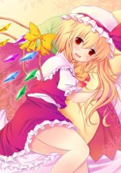 Rule 34 | 1girl, blonde hair, blush, female focus, flandre scarlet, hat, hat ribbon, highres, looking at viewer, lying, mob cap, hugging object, on side, open mouth, pillow, pillow hug, puffy sleeves, red eyes, ribbon, shirt, short sleeves, side ponytail, skirt, skirt set, solo, touhou, vest, wing ribbon, wings, yuzuki sora