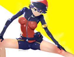 Rule 34 | 1girl, armlet, belt, belt pouch, bike shorts, blush, breasts, closed mouth, commentary request, creatures (company), game freak, gloves, grey eyes, hair between eyes, hands on own knees, hat, looking at viewer, mole, mole under eye, nintendo, pokemon, pokemon masters ex, pokemon ranger (pokemon), pokemon ranger uniform, pouch, shiny clothes, short hair, smile, solo, spread legs, two-tone background, uenoryoma, v-shaped eyebrows, watermark