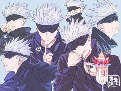Rule 34 | 1boy, :q, bad id, bad pixiv id, black jacket, blindfold, blue background, chibi, closed mouth, cup, expressions, facing viewer, food, fruit, gojou satoru, grin, hand up, head rest, high collar, holding, holding spoon, jacket, jujutsu kaisen, long sleeves, looking away, male focus, open mouth, parfait, profile, shiraki (shiraki shiki), short hair, simple background, smile, spoon, strawberry, tongue, tongue out, white hair