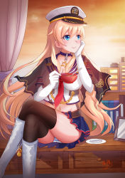 Rule 34 | 1girl, absurdres, belt, black thighhighs, blonde hair, blue eyes, blush, breasts, capelet, chain, choker, cityscape, crossed legs, cup, elbow gloves, enterprise (warship girls r), gloves, hand on own cheek, hand on own face, hat, highres, holding, holding cup, lao qi, large breasts, long hair, midriff, panties, pantyshot, peaked cap, shirt, sitting, skirt, sleeveless, sleeveless shirt, smile, solo, striped clothes, striped panties, thighhighs, underwear, very long hair, warship girls r