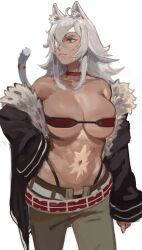 Rule 34 | 1girl, animal ears, bandaged leg, bandages, bandeau, belt, breasts, cat ears, cat tail, choker, eyepatch, fur-trimmed jacket, fur trim, ghislaine dedoldia, grey hair, hand on own hip, highleg, highleg panties, highres, jacket, jewelry, large breasts, long hair, looking to the side, muscular, muscular female, mushoku tensei, neroartbox, open clothes, open pants, open shirt, panties, pants, red bandeau, red choker, red eyes, ring, scar, scar on face, scar on stomach, tail, underwear