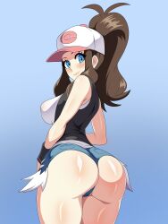 Rule 34 | 1girl, alternate breast size, ass, ass focus, black vest, blue eyes, blush, breasts, brown hair, creatures (company), curvy, denim, denim shorts, game freak, high ponytail, hilda (pokemon), huge ass, large breasts, legs together, lips, long hair, looking at viewer, looking back, ludinsketches, micro shorts, nintendo, pants, pokemon, pokemon bw, shorts, skindentation, smile, solo, tank top, thick thighs, thighs, vest, white tank top, wide hips