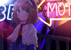 Rule 34 | 1girl, alice margatroid, aqua eyes, arrow (symbol), ascot, blonde hair, blush, capelet, comiket 95, dark, glowing, hairband, high collar, light smile, lolita hairband, long sleeves, looking at viewer, neon lights, outdoors, railing, red ascot, scenery, short hair, sign, solo, split mouth, swept bangs, tamagogayu1998, touhou, truss, upper body, white capelet