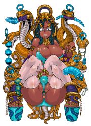 Rule 34 | 1girl, anal beads, aneros, anus, bad id, bad pixiv id, blue hair, breasts, bulge, cleavage, collar, condom, condom packet strip, condom wrapper, dark-skinned female, dark skin, dildo, earrings, egyptian clothes, eyeshadow, feet, futanari, green nails, headwear request, highres, jewelry, knees together feet apart, large breasts, light areolae, lips, long hair, looking at viewer, makeup, nail polish, newhalf, nipple piercing, nipples, original, panties, parted lips, penis, perineum, piercing, platform footwear, sex toy, simple background, snake, solo, tagane, testicles, thighhighs, toe ring, toenail polish, toenails, toes, tucked penis, underwear, vibrator, white background