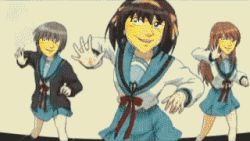 Rule 34 | 3girls, animated, animated gif, asahina mikuru, crossover, everyone, gun, gundou musashi, hare hare yukai, koizumi itsuki, kyon, lowres, meme, multiple girls, nagato yuki, neta, parody, suzumiya haruhi, suzumiya haruhi no yuuutsu, third-party edit, weapon