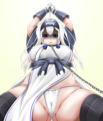Rule 34 | 10s, 1girl, arms up, black thighhighs, breasts, cameltoe, chain, cleft of venus, collar, covered erect nipples, from below, fundoshi, hair intakes, hairband, japanese clothes, kamoi (kancolle), kantai collection, knife, large breasts, manatsu no yo no inmu, panties, shaded face, solo, thighhighs, tk (butakuma), underwear, white hair, white panties
