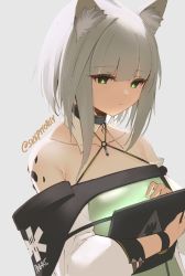 Rule 34 | 1girl, animal ear fluff, animal ears, arknights, bare shoulders, blunt bangs, blush, cat ears, closed mouth, coat, collarbone, dress, green dress, green eyes, grey hair, kal&#039;tsit (arknights), long sleeves, looking at screen, material growth, off shoulder, open clothes, open coat, oripathy lesion (arknights), short hair, simple background, skeptycally, solo, tablet pc, twitter username, upper body, watch, white background, white coat, wristwatch