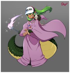 Rule 34 | 1girl, absurdres, baseball cap, belt, belt pouch, border, cigarette, cosplay, crocodilian tail, floating hair, gold teeth, green hair, grey background, grin, hair between eyes, hat, hat writing, highres, holding, holding wand, jewelry, long sleeves, looking at viewer, magic, monster girl, mouth hold, necklace, noita, noita (character), noita (character) (cosplay), pink robe, pointy ears, ponytail, possum, pouch, robe, scales, second-party source, sharp teeth, signature, simple background, skijjyf, slit pupils, smile, smoke, smoking, solo, sparkle, tail, teeth, vial, virtual youtuber, wand, white border, wide sleeves