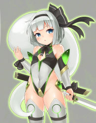 Rule 34 | 1girl, :o, absurdres, alternate costume, aqua eyes, arm guards, bare shoulders, black hairband, black ribbon, blunt bangs, bob cut, breasts, breasts apart, cleavage cutout, clothing cutout, commentary request, covered navel, cowboy shot, derivative work, ghost, grey background, grey hair, grey thighhighs, groin, hairband, highleg, highleg leotard, highres, holding, holding sword, holding weapon, konpaku youmu, konpaku youmu (ghost), leotard, neck ribbon, parted lips, ribbon, sheath, short hair, simple background, skin tight, small breasts, solo, sword, thighhighs, touhou, unsheathed, weapon, wrist ribbon, yangshangshu