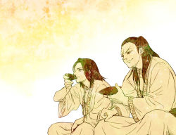 Rule 34 | 2boys, alternate universe, brothers, chinese clothes, cup, drinking, ei sei (kingdom), good end, hair slicked back, half updo, kingdom (series), long hair, male focus, manly, monochrome, multiple boys, pinya, sakazuki, seikyou (kingdom), siblings, side-by-side, sitting