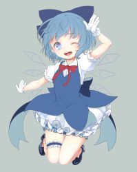Rule 34 | 1girl, ;d, absurdres, arm up, back bow, bloomers, blue bow, blue dress, blue eyes, blue footwear, blue hair, blue ribbon, blush, bow, bowtie, breasts, bridal garter, buttons, cirno, collaboration, collared shirt, dress, earrings, eyebrows, frilled gloves, frilled skirt, frilled sleeves, frills, full body, gloves, grey background, hair bow, hair ribbon, high heels, highres, ice, ice wings, jewelry, jpeg artifacts, knees together feet apart, looking at viewer, mugino kirin, one eye closed, open mouth, outstretched arm, paragasu (parags112), puffy short sleeves, puffy sleeves, red bow, red bowtie, red ribbon, ribbon, salute, shirt, shoes, short hair, short sleeves, sidelocks, simple background, sketch, skirt, sleeveless, sleeveless dress, small breasts, smile, solo, sparkle, stud earrings, teeth, thigh gap, touhou, underwear, white gloves, white shirt, wings, wink