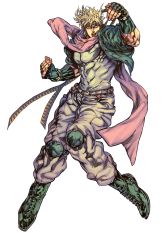 Rule 34 | 1boy, bad id, bad pixiv id, blonde hair, boots, caesar anthonio zeppeli, facial mark, feather hair ornament, feathers, fighting stance, fingerless gloves, gloves, green eyes, green jacket, feather hair ornament, headband, highres, jacket, jojo no kimyou na bouken, knee pads, male focus, manly, pmushroom, scarf, solo