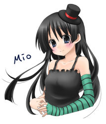 Rule 34 | 1211wakana, 1girl, akiyama mio, bad id, bad pixiv id, black hair, blue eyes, don&#039;t say &quot;lazy&quot;, female focus, fingerless gloves, gloves, hat, k-on!, long hair, mini hat, mini top hat, solo, striped, top hat, white background