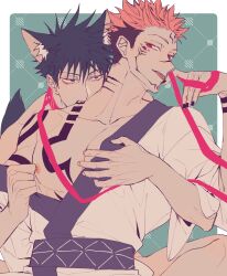 Rule 34 | 2boys, absurdres, animal ears, arm tattoo, azukiharuta ju, biting, black hair, black nails, chest tattoo, collarbone, commentary, extra eyes, facial tattoo, fushiguro megumi, grabbing, green eyes, highres, japanese clothes, jujutsu kaisen, kimono, leash, long sleeves, looking at another, male focus, multiple boys, muscular, muscular male, neck biting, nipples, nude, pectoral grab, pectorals, pink hair, red eyes, ryoumen sukuna (jujutsu kaisen), shoulder tattoo, symbol-only commentary, tail, tattoo, tongue tattoo, undressing another, white kimono, wolf ears, wolf tail, yaoi