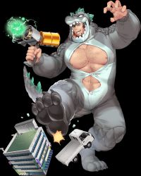 Rule 34 | 1boy, abs, alternate costume, animal costume, antonio (gyee), bara, bare pectorals, beard, black hair, blue eyes, building, chest hair, destroyer, facial hair, gun, gyee, hairy, highres, kicking, kumahachi, large pectorals, looking at viewer, male focus, manly, mature male, military, military vehicle, motor vehicle, muscular, muscular male, nipples, official art, outstretched arms, pajamas, pectorals, ship, smile, solo, spread arms, teeth, thick arms, thick thighs, thighs, tongue, transparent background, truck, unbuttoned, warship, watercraft, weapon