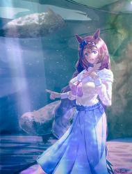 Rule 34 | 1girl, animal ears, aquarium, blue bow, blue eyes, blush, bow, bowtie, braid, breasts, brown hair, cleavage, commentary request, hair between eyes, hair bow, highres, horse ears, horse girl, horse tail, large breasts, long hair, long skirt, looking at viewer, open mouth, pink bow, pink bowtie, purple skirt, reihou19, seal (animal), shirt, signature, skirt, smile, solo, super creek (umamusume), tail, umamusume, very long hair, yellow shirt
