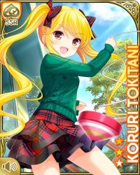 Rule 34 | 1girl, black bow, blonde hair, blush, bow, card (medium), day, earrings, flower, girlfriend (kari), green sweater, hair bow, jewelry, long hair, looking at viewer, official art, open mouth, outdoors, pink flower, pink rose, plaid, plaid skirt, platform footwear, playing, qp:flapper, red skirt, ribbon, rose, shirt, skirt, smile, solo, standing, sweater, tagme, tokitani koruri, toy, twintails, white shirt