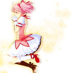 Rule 34 | 10s, 1girl, blush, bubble skirt, dress, from side, gloves, hair ribbon, highres, kaname madoka, kneehighs, magical girl, mahou shoujo madoka magica, mahou shoujo madoka magica (anime), mina m, mochizuki mina, own hands clasped, own hands together, pink eyes, pink hair, profile, red eyes, ribbon, shoes, short hair, short twintails, simple background, skirt, socks, solo, tears, twintails, white socks