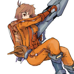 Rule 34 | 1girl, bad id, bad pixiv id, baraduke, brown hair, energy cannon, flying, jetpack, namco, science fiction, short hair, solo, spacesuit, toby masuyo