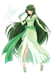 Rule 34 | 1girl, absurdres, beautiful witch sakuran, dress, elbow gloves, frilled dress, frills, full body, gloves, green dress, green eyes, green gloves, green hair, hairband, highres, idol, jewelry, long hair, looking at viewer, mermaid melody pichi pichi pitch, microphone, necklace, one eye closed, sandals, signature, simple background, smile, solo, standing, touin rina, turtleneck, white background